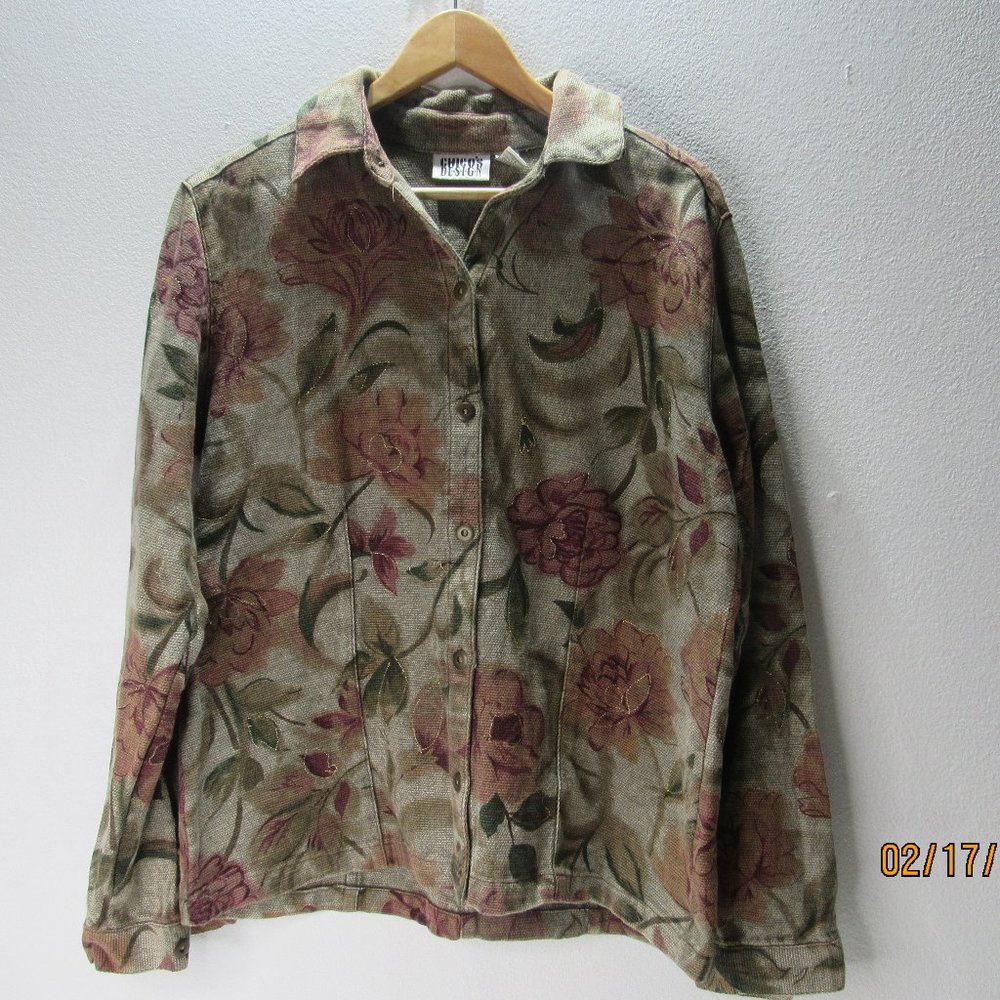 Chicos Design Button Up Shirt Jacke Womens Size 1 Floral Embroidered long sleeve